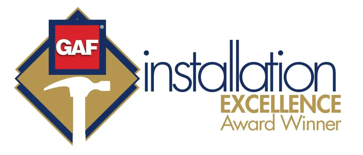 Logo for the GAF Installation Excellence Award Winner, featuring a red and blue GAF emblem, a white hammer graphic, and the words roofing installation EXCELLENCE Award Winner in blue and gold.