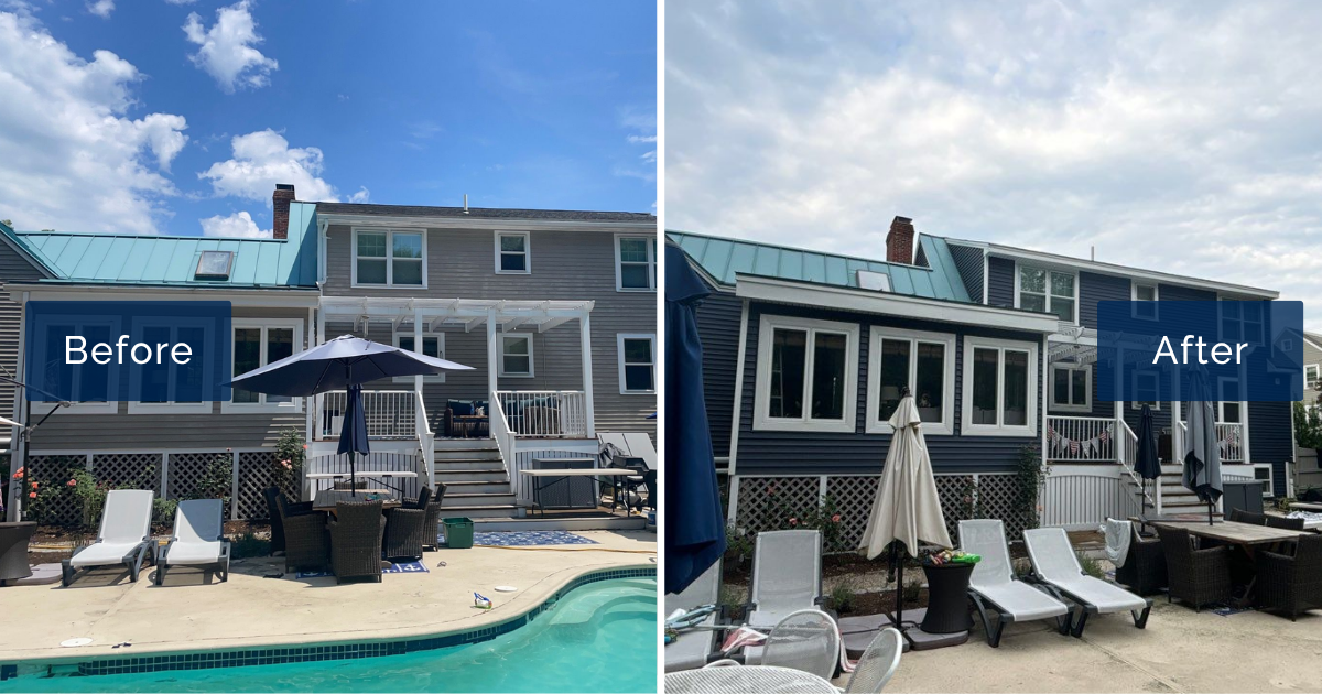 Weathered gray wood siding behind a backyard pool and patio is shown beside the same rear elevation in deep Indigo Premium Pointe D4 vinyl with white trim. The upgrade reflects a vinyl siding installation in Georgetown.