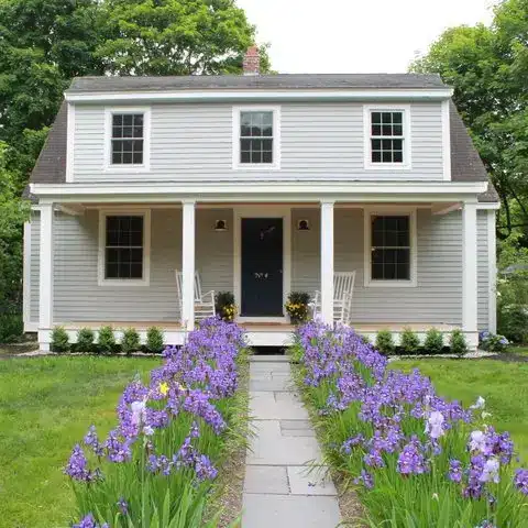 A gray two-story house with white trim and a front porch, perfect for discussing on the Design Diva Podcast. A stone path leads to the door, bordered by vibrant purple flowers and green grass, with lush trees in the background.