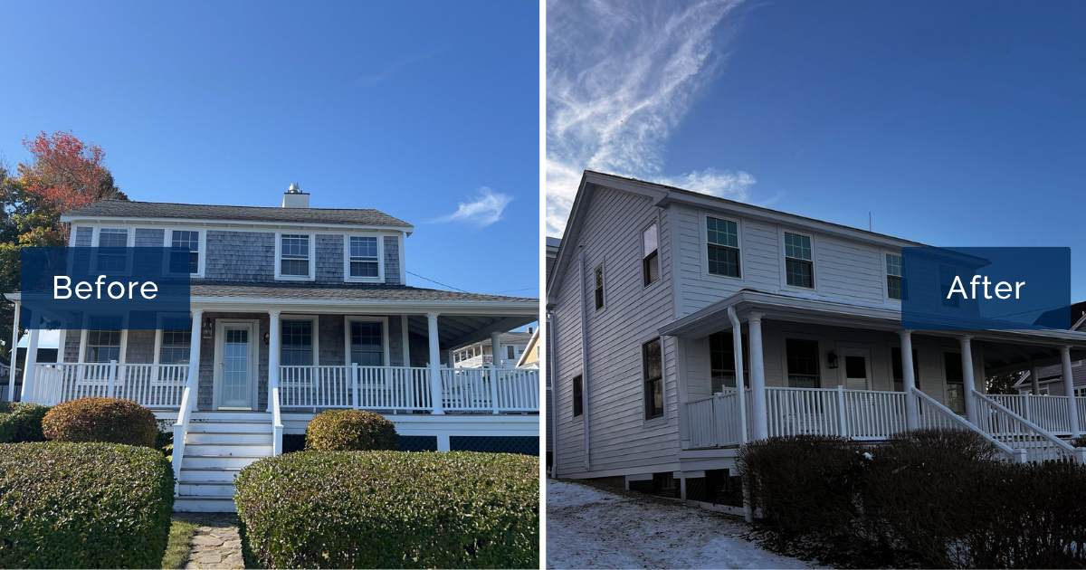 Weathered gray cedar shingles on this wraparound-porch colonial, left, give way to crisp Arctic White Hardie Cedarmill plank and white trim, right. The side-by-side shows the bright curb appeal of a James Hardie siding installation in Kingston MA.
