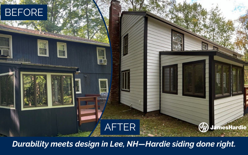 James Hardie siding installation in Lee, Seacoast NH by Coastal Windows & Exteriors addressing exterior rot and boosting home durability and style.