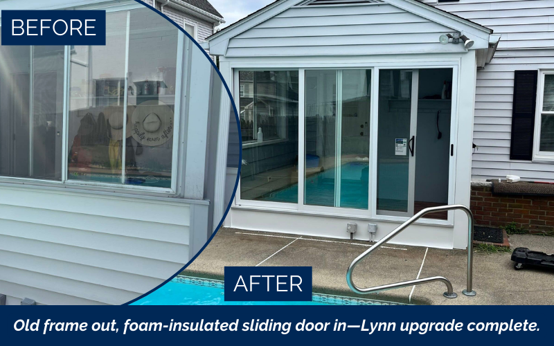 Sliding patio door replacement in Lynn, North Shore by Coastal Windows & Exteriors resolving draft issues and improving access to outdoor space.