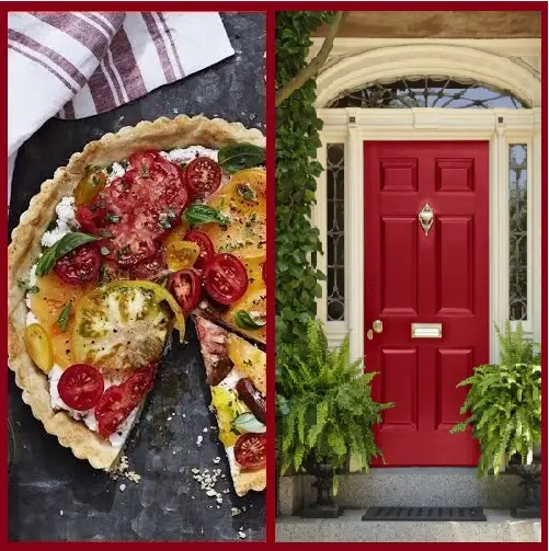 On the left, a colorful vegetable tart bursts with summer colors from assorted tomatoes, cheese, and herbs on a dark surface. On the right, a vibrant red door framed by green foliage showcases bright abundance with its decorative glass transom and potted ferns by the entrance.