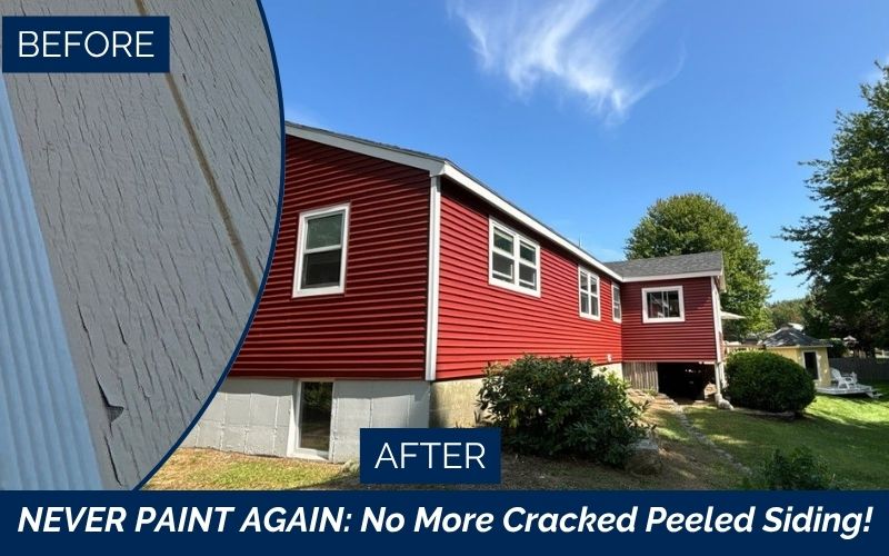 Before and after vinyl siding replacement in Saco, Maine, by Coastal Windows & Exteriors, showcasing a transformation from peeling wood to maintenance-free red vinyl siding.