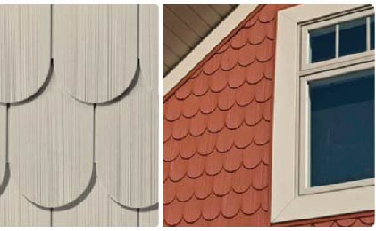 Close-up of beige scalloped siding on the left and a red house exterior with similar scalloped siding and a white-framed window on the right.