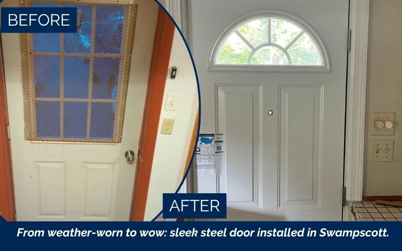 Front door installation in Swampscott MA by Coastal Windows & Exteriors — trusted front door replacement Swampscott MA, exterior door installation Swampscott MA, energy-efficient entry door Swampscott MA, draft-free door upgrade Swampscott MA.