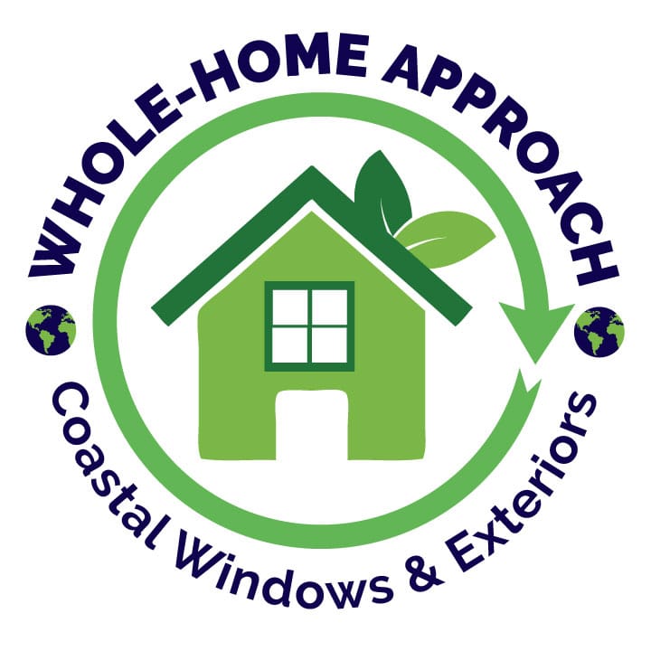 A green house with leaves on the roof is centered inside a circle. Around it, the text reads Whole Home Approach and Coastal Windows & Exteriors with small globe icons on both sides.