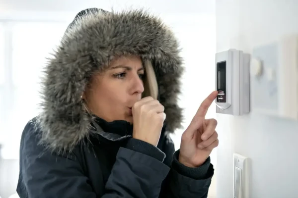 A person wearing a fur-lined hooded coat stands indoors, shivering from the cold and blowing on their hand for warmth. They are adjusting the house thermostat on the wall, looking concerned as they point at the temperature display.