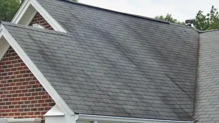 A close-up view of a house with a brick exterior and a gray shingle roof. The roof shows black spots and dark streaks, possibly from algae or mold. Trees are visible in the background.