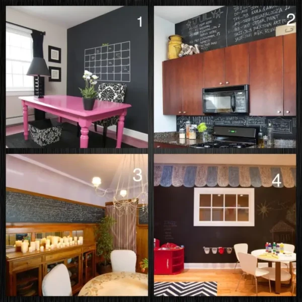 Collage of four interiors: 1) Pink desk against a new black wall. 2) Kitchen with wooden cabinets and chalkboard wall. 3) Dining room with candles and chalkboard wall. 4) Dining area with window wall decor and summer colors accentuating the chalkboard designs.