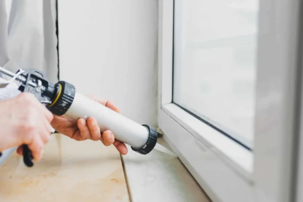 A person uses a caulking gun to seal the edge of a window frame, ensuring proper insulation to minimize energy loss. The white window frame contrasts with the light-colored surface below, possibly a sill or countertop. The background is blurred, highlighting this simple energy-saving tip.