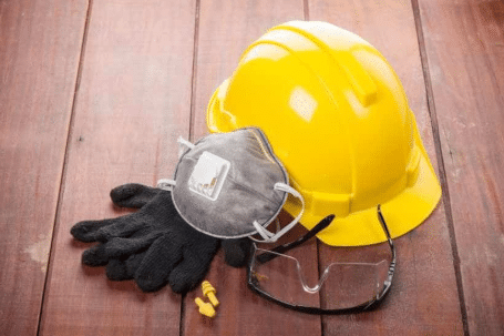 mask, gloves, and hard hat