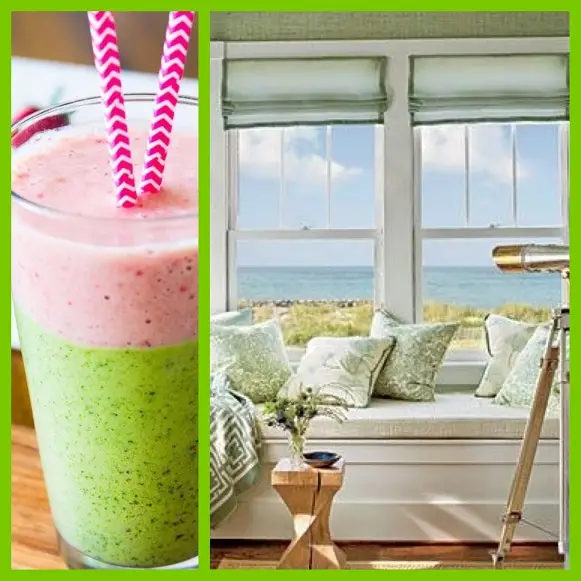 A refreshing smoothie with green and pink layers in a glass with striped straws. Beside it, a cozy window seat with green cushions overlooks a scenic ocean view, epitomizing the perfect summer day, with a telescope on the side and a small wooden table adorned with flowers.