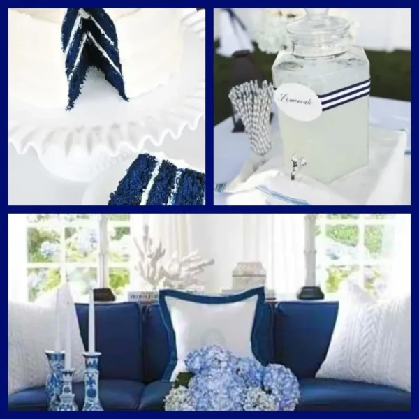 Collage of three images: a slice of blue and white layered cake on a stand, a glass jar labeled lemonade with striped straws nearby, and a navy couch with white pillows and a bouquet of hydrangeas, capturing the vibrant Colors of Summer.