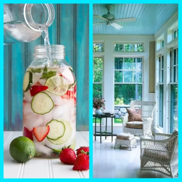 Left side: A large jar filled with water, cucumber slices, strawberries, and mint leaves, with a lime and strawberries beside it against a refreshing coastal blue background. Right side: A bright sunroom capturing the essence of summer, featuring wicker chairs, a small table, and large windows.