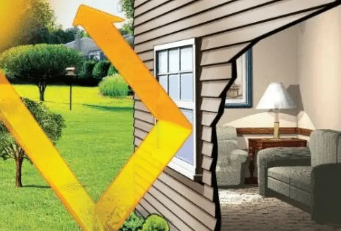 Illustration of a house with a large yellow arrow pointing from lush greenery into a cozy living room, signifying the seamless flow from outdoors to indoors, highlighting the essence of exterior remodeling in enhancing living spaces.