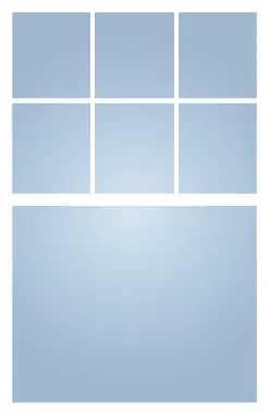 A grid of seven rectangles against a white background. The top row has three smaller squares, the second row mirrors this with three more squares directly beneath, and a larger rectangle spans the width below. All shapes are light blue.