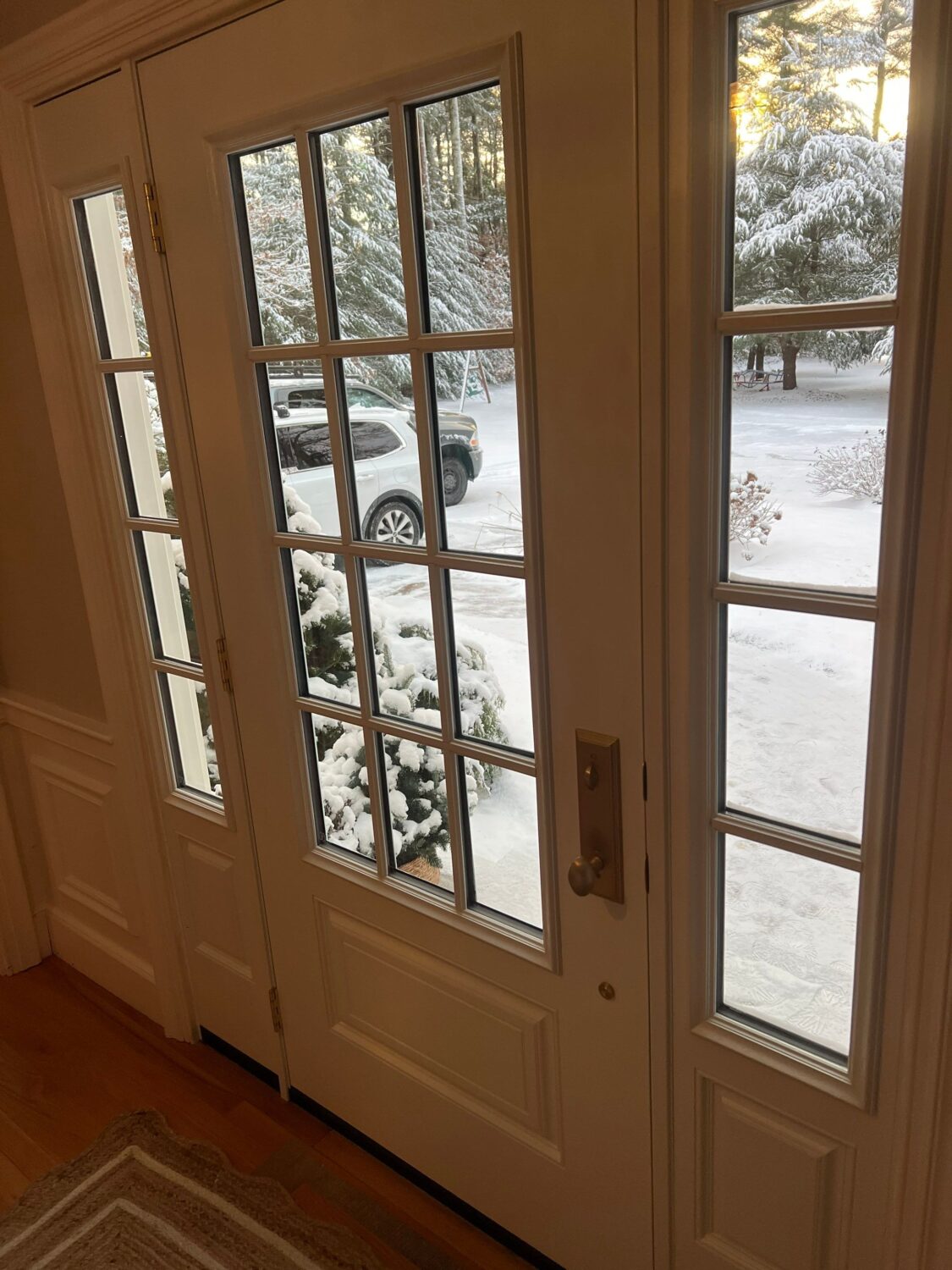 A glass-paneled front door with frosted windows partially reveals a snowy outdoor scene. A snow-covered car is parked in the driveway, and evergreen trees are dusted with snow under a clear, sunny sky.