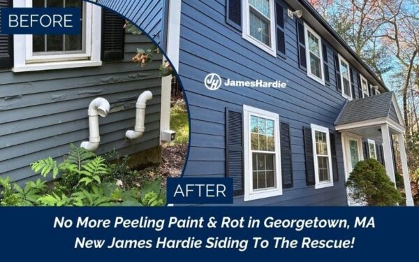 Before and after Vinyl Siding Installation in Georgetown MA showing new siding replacing peeling exterior.