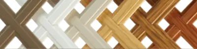 A decorative pattern of interlocking wooden pieces in a series of parallel X shapes. The wood varies in color, ranging from light beige to dark brown, creating a gradient effect across the design.