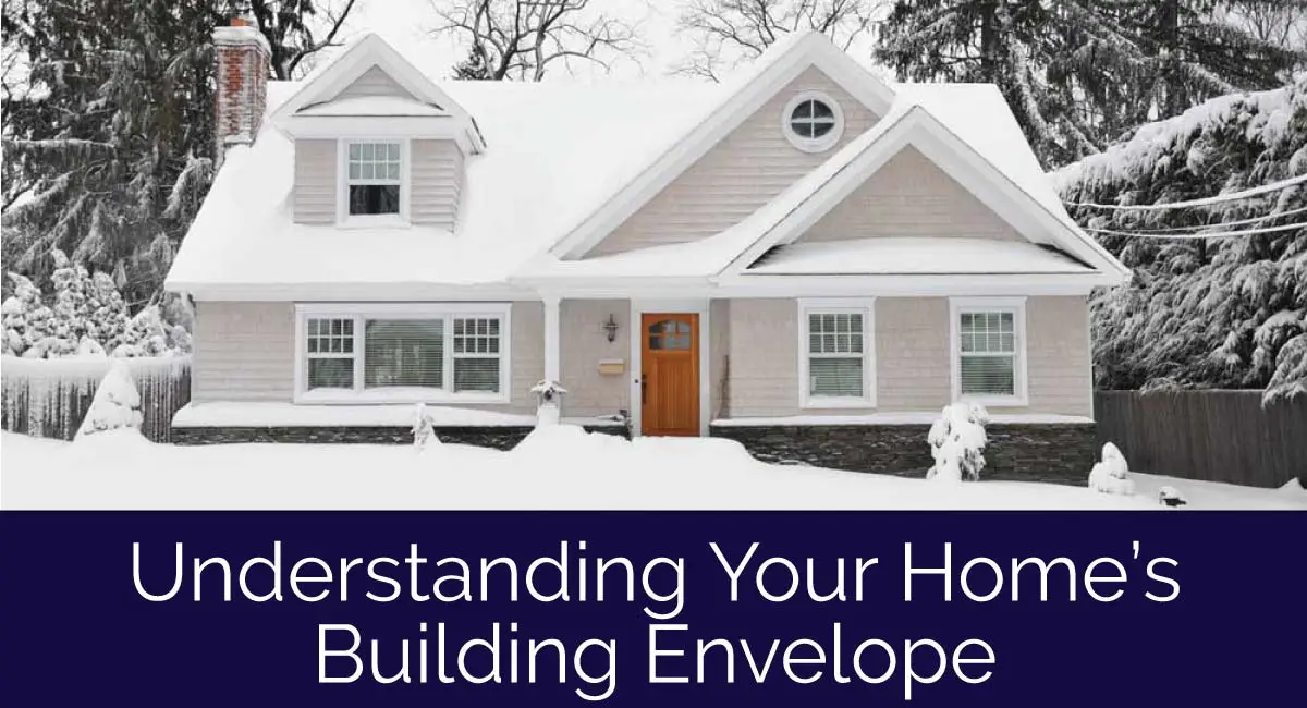 A snow-covered house with a chimney, front porch, and wooden door is shown in winter. The text below reads, Understanding Your Home—learn how your building envelope protects you from the elements.