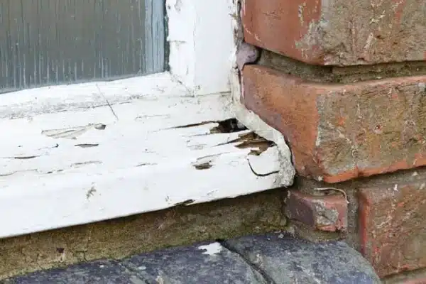 Close-up of a window frame with peeling white paint and visible rot. Next to a red brick wall, the gap highlights neglect from the window maintenance checklist, revealing damage between the wood and brick.