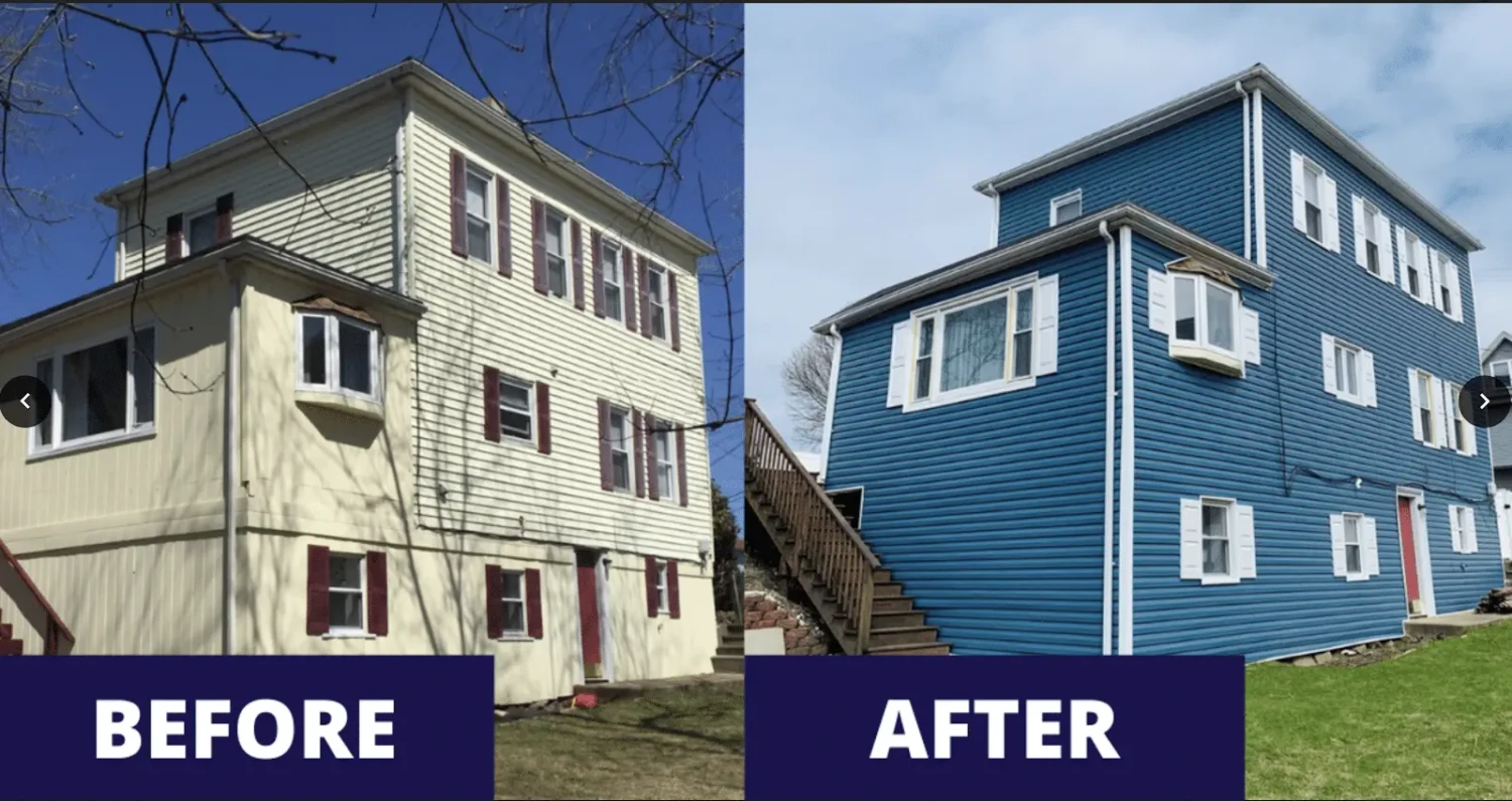 Side-by-side comparison of a house before and after renovation. The left image features a yellow house with red shutters under a blue sky. The right showcases the transformed home with blue siding, white shutters, and a wooden staircase, made possible through savvy use of a Home Improvement Loan.