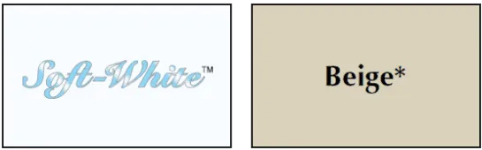 The image shows two color swatches. The left swatch is labeled Soft-White with a light blue font on a white background. The right swatch is labeled Beige* with a black font on a beige background.