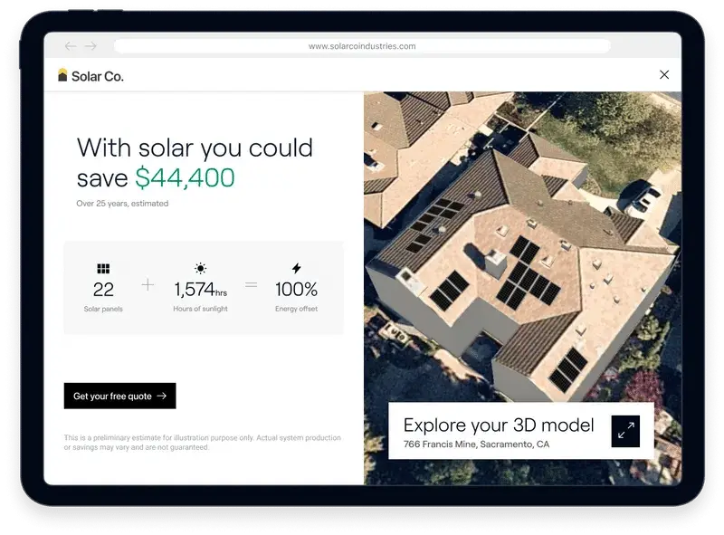 A tablet displaying a solar company webpage. It features potential savings of $44,400, using 22 solar panels over 25 years. It shows a house with solar panels and includes options to get a quote and explore a 3D house model at a specific address.