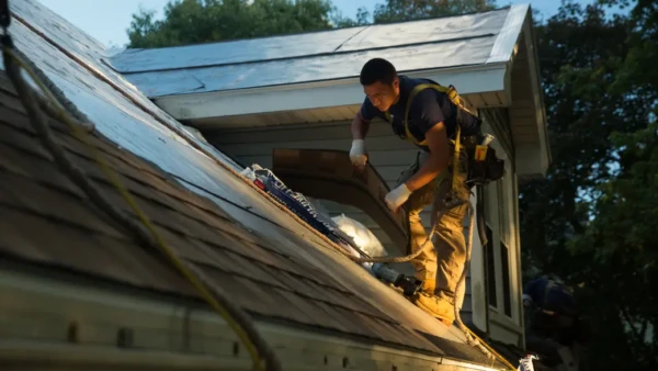 A worker wearing safety gear is carefully installing solar panels on a residential roof, a crucial part of the exterior remodeling process. Kneeling under the daylight, he handles a solar panel frame with trees visible in the background.