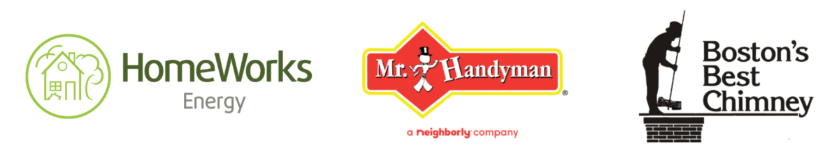 Logos of three companies: HomeWorks Energy with a house icon, Mr. Handyman with a red diamond shape and top hat figure, and Bostons Best Chimney with a silhouette of a person cleaning a chimney.