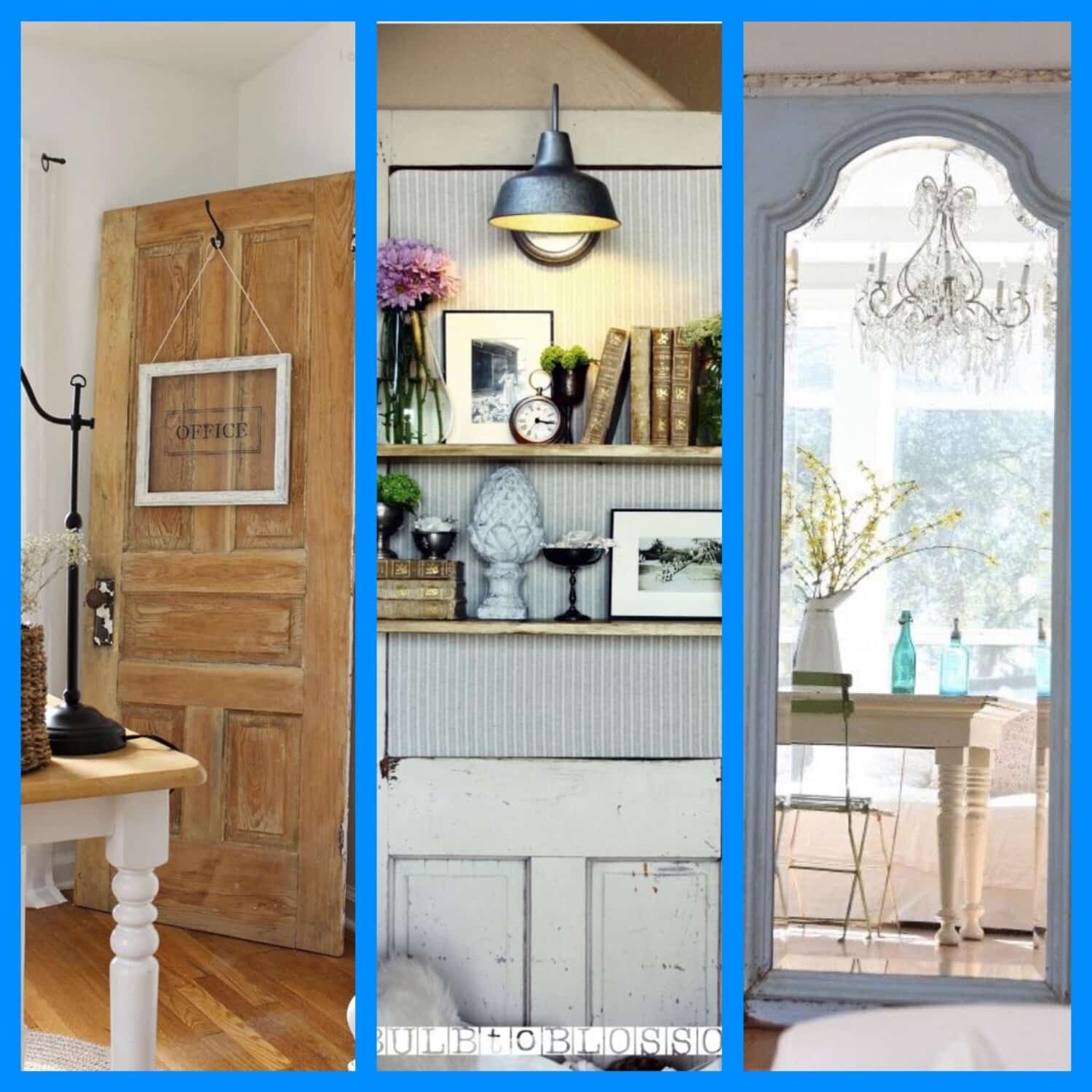 A collage of three rustic interiors: a repurposed wooden door with an Office sign, shelves with books and decor under a lamp, and a large ornate mirror reflecting a room with a chandelier and table. Blue borders frame each section, adding charm to the vintage ambiance.