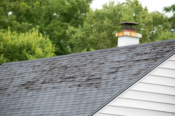 A close-up view of a house roof features curling and deteriorating shingles, signaling the need for summer exterior home maintenance. A white chimney with a metal cap is visible, framed by lush green trees.