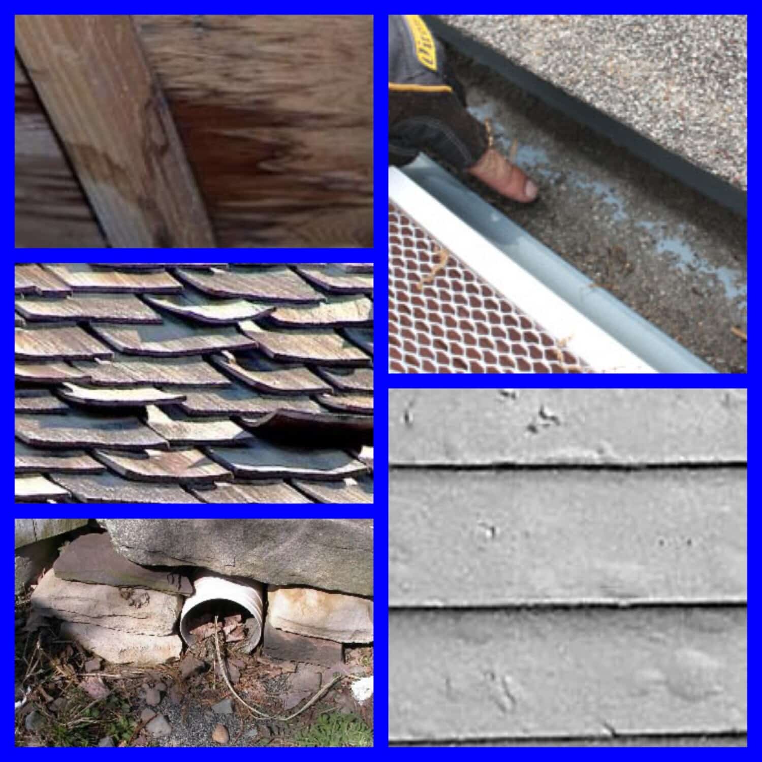 A collage of home exterior issues—loose wood panel, finger lifting roof edge, curling shingles, cracked siding, damaged gutter outlet, and worn horizontal siding—showcases key roof readiness concerns for winter, all bordered in bright blue.