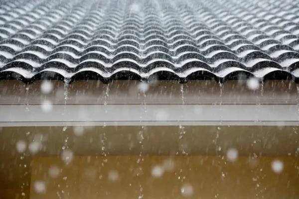 Rain pours off a wavy corrugated roof, creating a waterfall effect along the edge. The background is blurred, emphasizing the falling raindrops and the textured roof pattern—a natural scene that sparks thoughts on how to prevent mold from forming in such damp conditions.