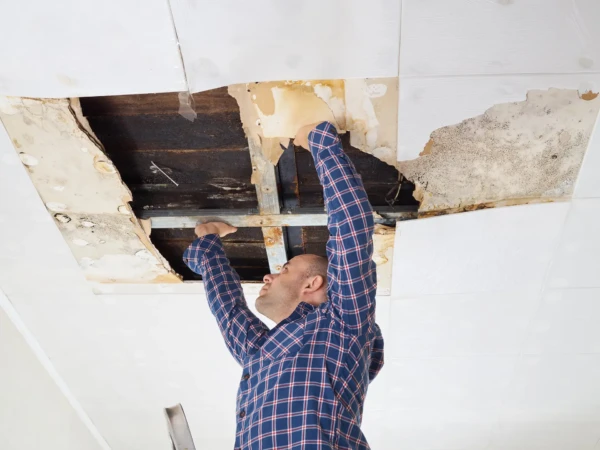 A man in a checked shirt fixes a damaged ceiling, where exposed beams and water stains point to energy loss. Using tools, he diligently works to minimize further issues. The room seems to be under renovation, reflecting the homes need for thorough repair.