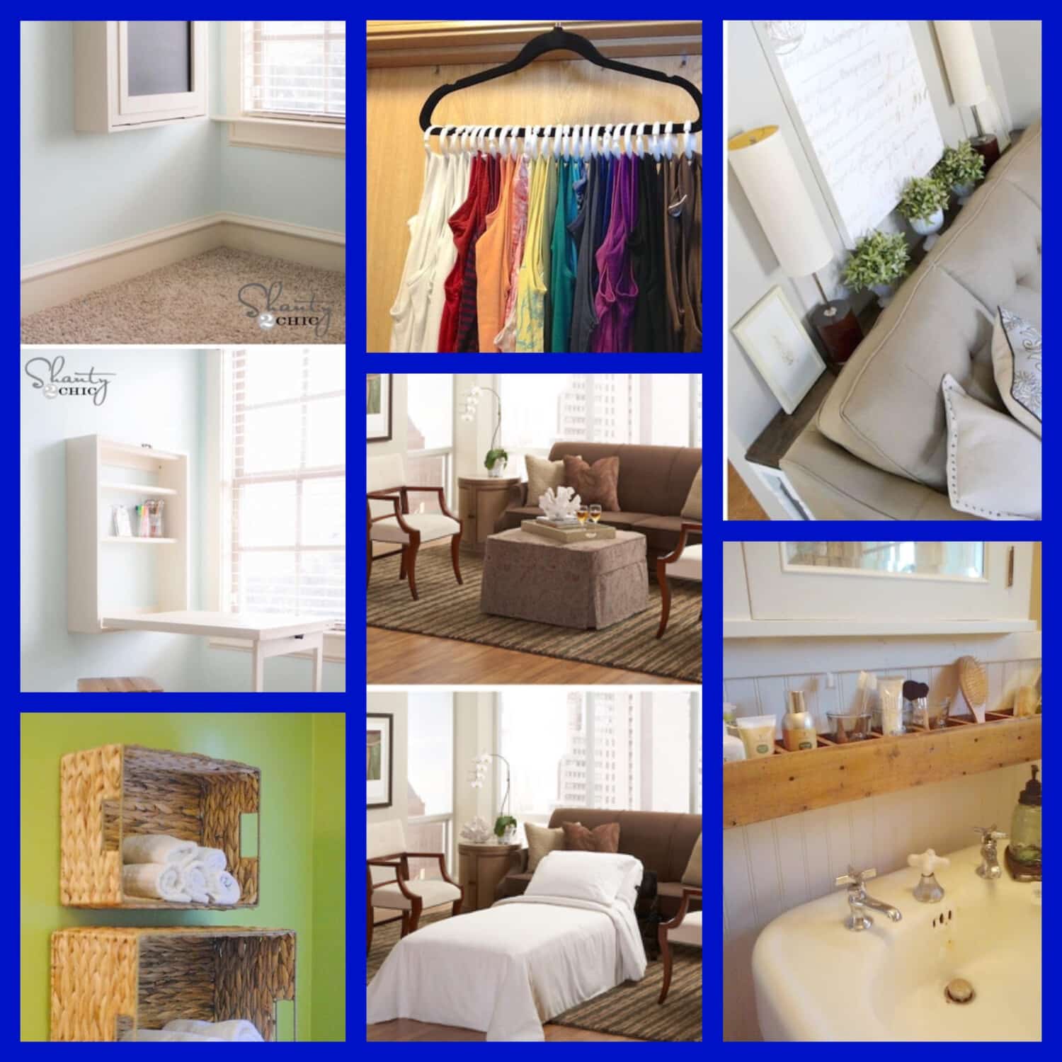 Collage of home interiors: a light blue room corner, colorful scarves on a hanger, a sofa with cushions and decor, a smart white desk, towels in a basket, a soothing bedroom, and savvy vintage sink with toiletry items. Each scene is separated by a blue border.