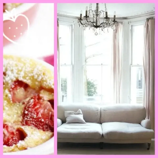 Close-up of a strawberry dessert dusted with powdered sugar on the left. On the right, a bright living room with a white sofa, light pink curtains adding a pop of color, and a chandelier hanging from the ceiling. The windows let in ample natural light.