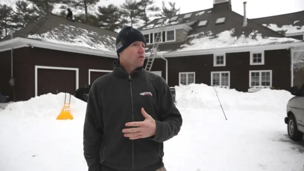 A person wearing a black beanie and fleece jacket stands outside a large house with a snow-covered roof and yard; another person, possibly from a Roof Snow Removal service, is on the roof with ladders and snow tools nearby.