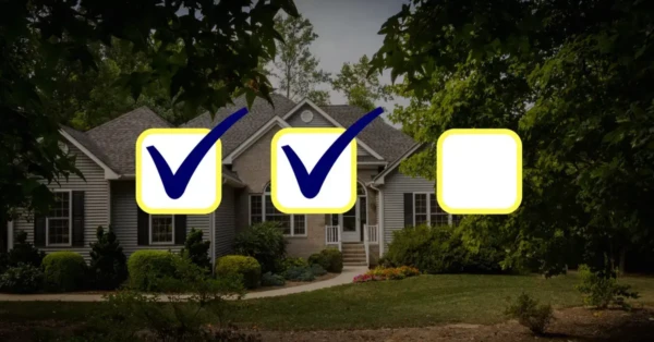 A suburban house with a lush front yard, perfect for spring home maintenance, is partially obscured by trees. Three large checkmarks in yellow boxes are overlaid on the image, with the third box still waiting to be ticked.