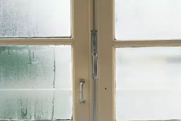 A close-up view of a foggy window, with condensation suggesting that the windows are leaking water, partially obscures the outside. The glass features a metal handle and latch at its center.