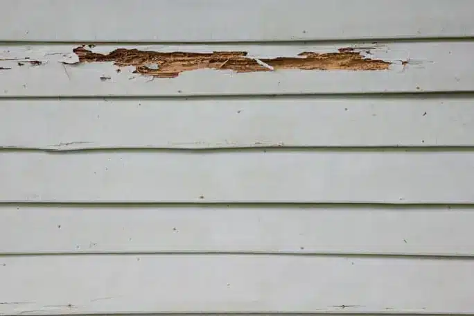 A section of white horizontal wood siding is damaged, with peeling and broken paint revealing the bare wood beneath. Unlike the low-maintenance appeal of vinyl siding, the rest of the wood appears weathered, with visible cracks and wear.