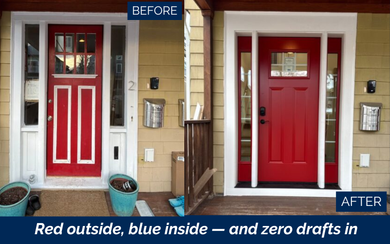 ProVia Legacy steel entry door with Geneva Blue interior and Vallis Red exterior installed in Dorchester MA for energy-efficient draft control and style. Dorchester MA entry door installation, ProVia steel entry door Dorchester, energy efficient front door Dorchester.