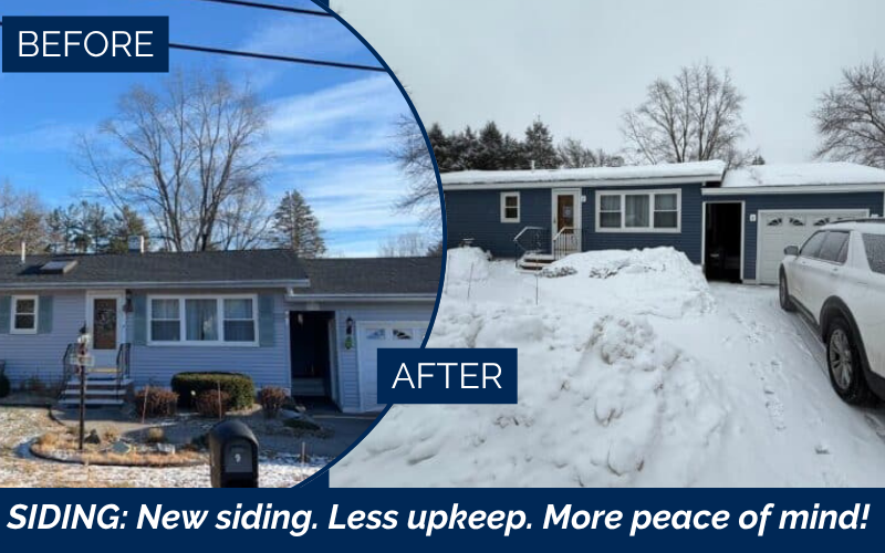 foam-back vinyl siding installation in Dover NH in deep blue Regatta color dramatically improving curb appeal and energy efficiency. Dover NH siding installation, vinyl siding Dover NH, foam-back vinyl siding energy efficient, Regatta color siding Dover, low maintenance siding New England