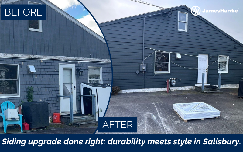 James Hardie plank and board-and-batten siding installation in Salisbury MA — Iron Gray and Arctic White color scheme by Coastal Windows & Exteriors