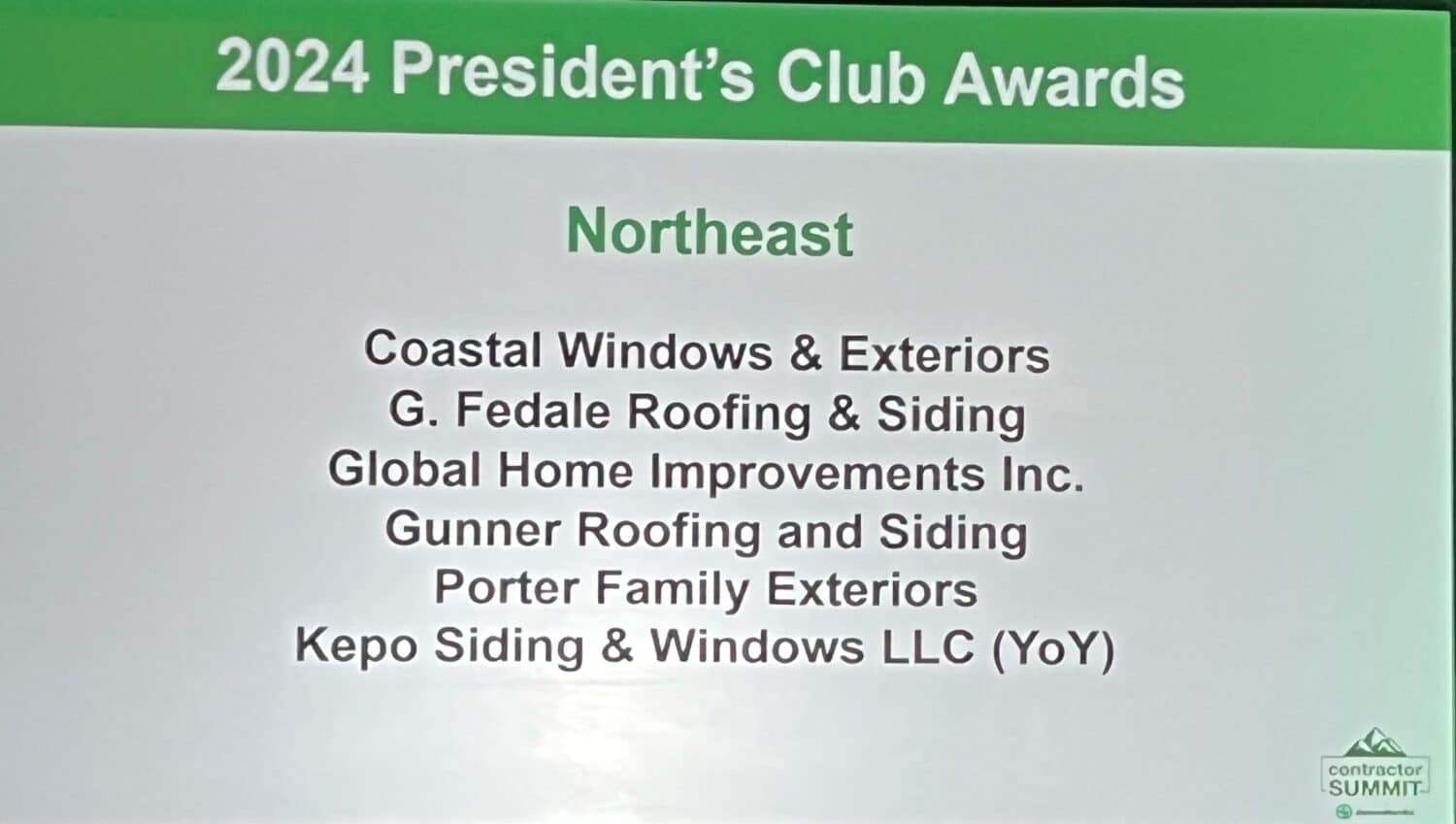 Slide displaying 2024 President’s Club Awards for the Northeast. Listed companies are Coastal Windows & Exteriors, G. Fedale Roofing & Siding, Global Home Improvements Inc., Gunner Roofing and Siding, Porter Family Exteriors, Kepo Siding & Windows LLC (YoY).