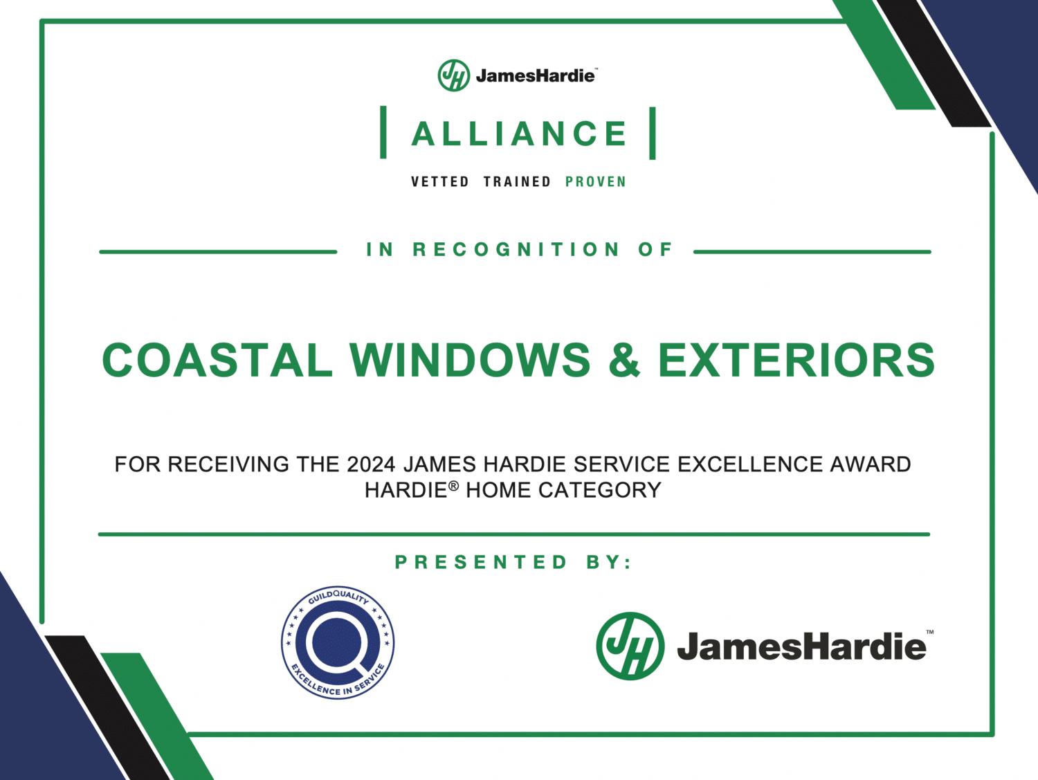 Award certificate from James Hardie recognizing Coastal Windows & Exteriors as a three-time Service Excellence Award winner in the Hardie Home category. Features logos and the phrase Vetted Trained Proven.