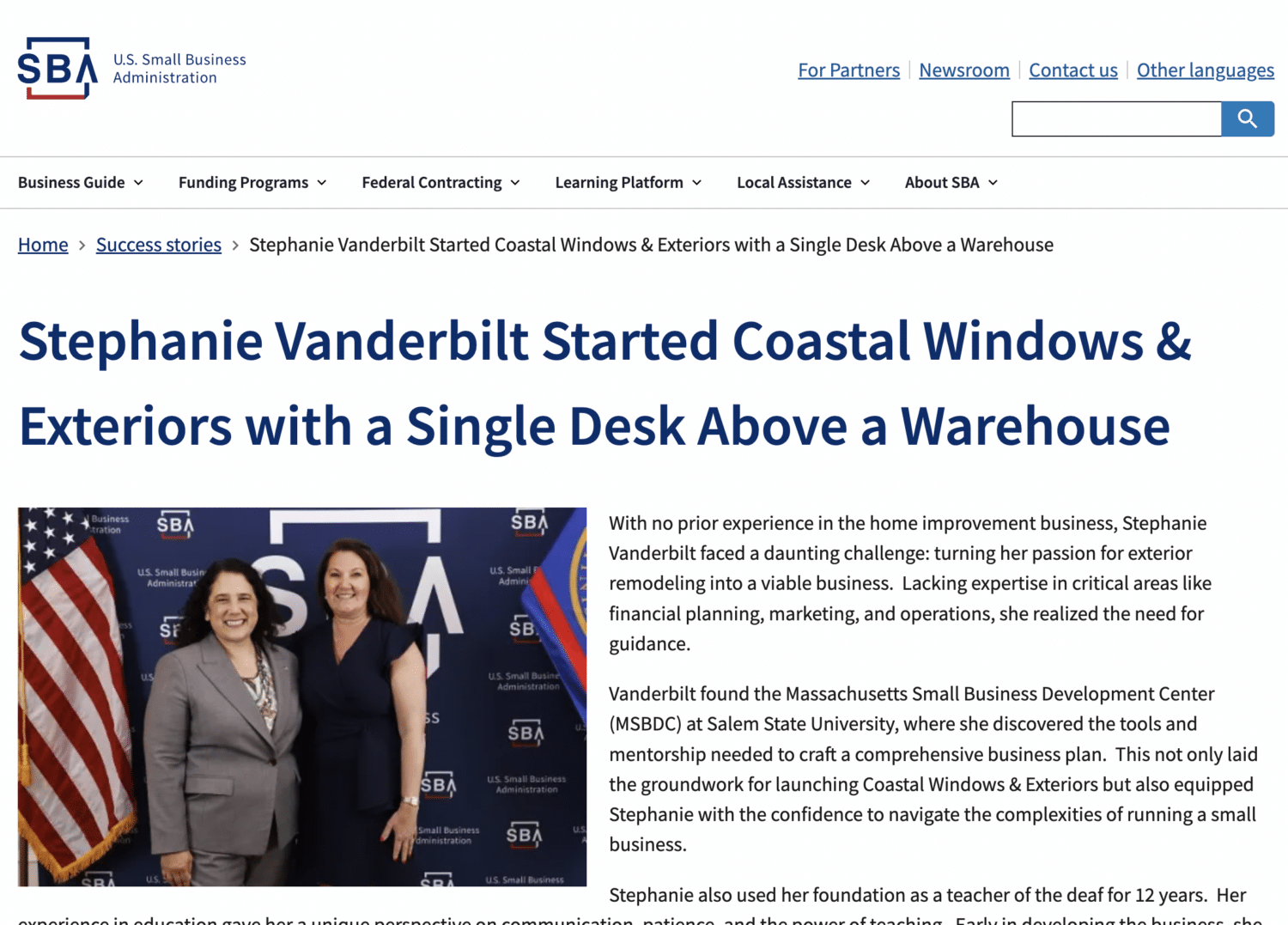 A webpage from the U.S. Small Business Administration highlights how Stephanie Vanderbilt launched Coastal Windows & Exteriors