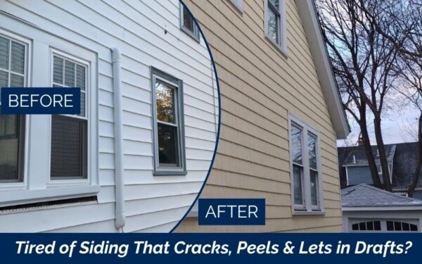 A split image shows a house with old, cracked white siding labeled Before and new, smooth tan siding labeled After. See how our Vinyl Siding Installation project in Revere MA transformed this home. Tired of siding that cracks, peels & lets in drafts?.
