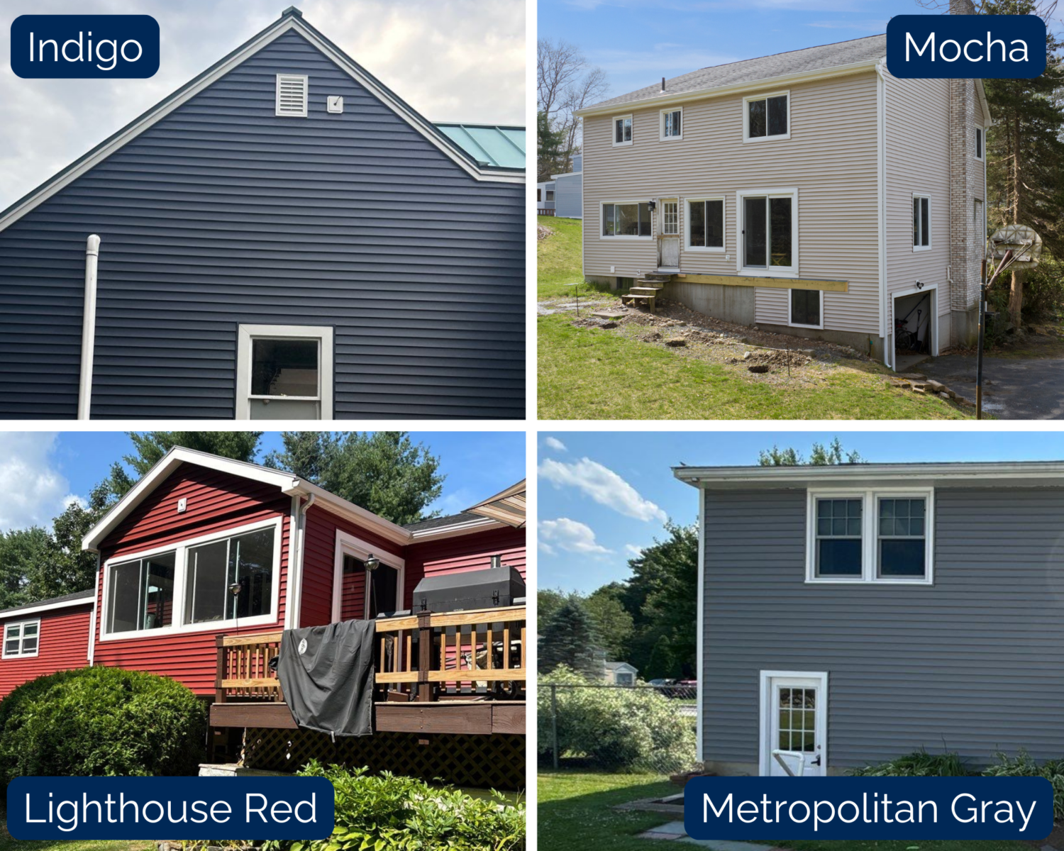 Four houses display different siding colors: Top left is dark blue (Indigo), top right is light brown (Mocha), bottom left is deep red (Lighthouse Red), and bottom right is light gray (Metropolitan Gray), each house labeled with its color.